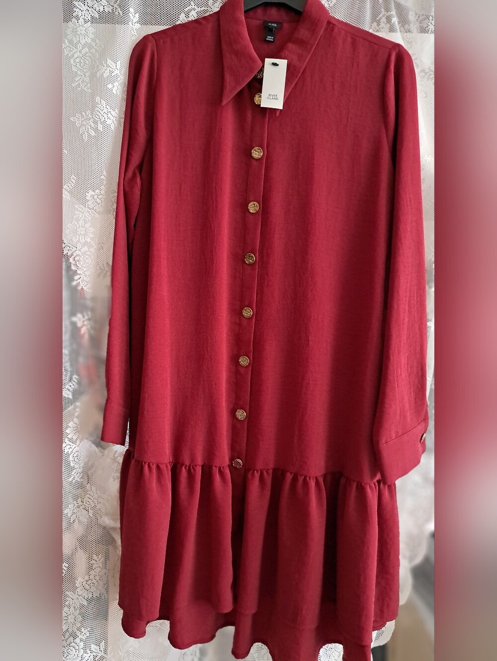 River Island Burgundy Long Sleeve Button-Down Tiered Dress